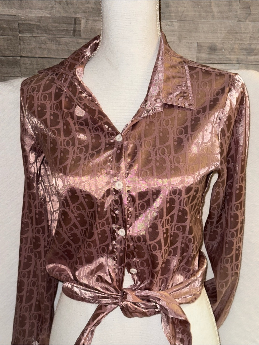 Satin Tie-Front Button-Up Top in Rose Bronze